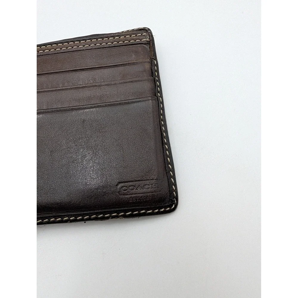 Coach Wallet Mens Brown Canvas Leather Bifold Signature Stripe Logo Card Holder